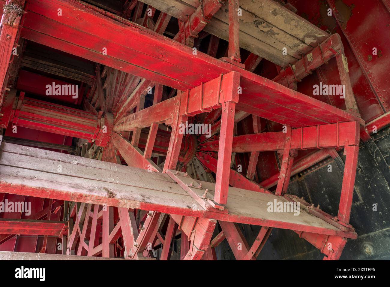 detail of wooden paddle wheel of Captain Meriwether Lewis sidewheeler dredge displayed in a dry dock in Brownville, Nebraska Stock Photo