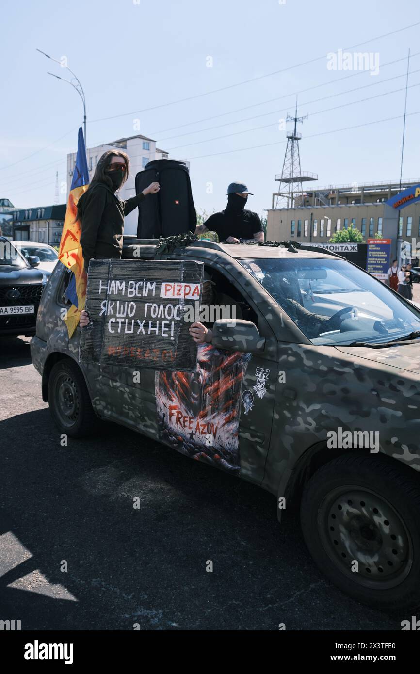 Kyiv, Ukraine - 28 April, 2024. Ukrainian protestors rally with Azov ...