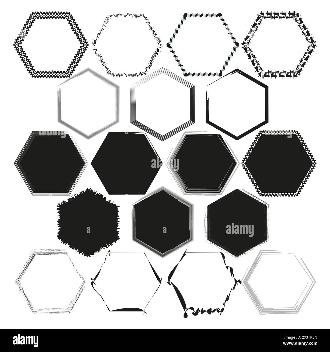 Collection of hexagon frames in various styles. Geometric borders set. Decorative design elements. Vector illustration. EPS 10. S Stock Vector
