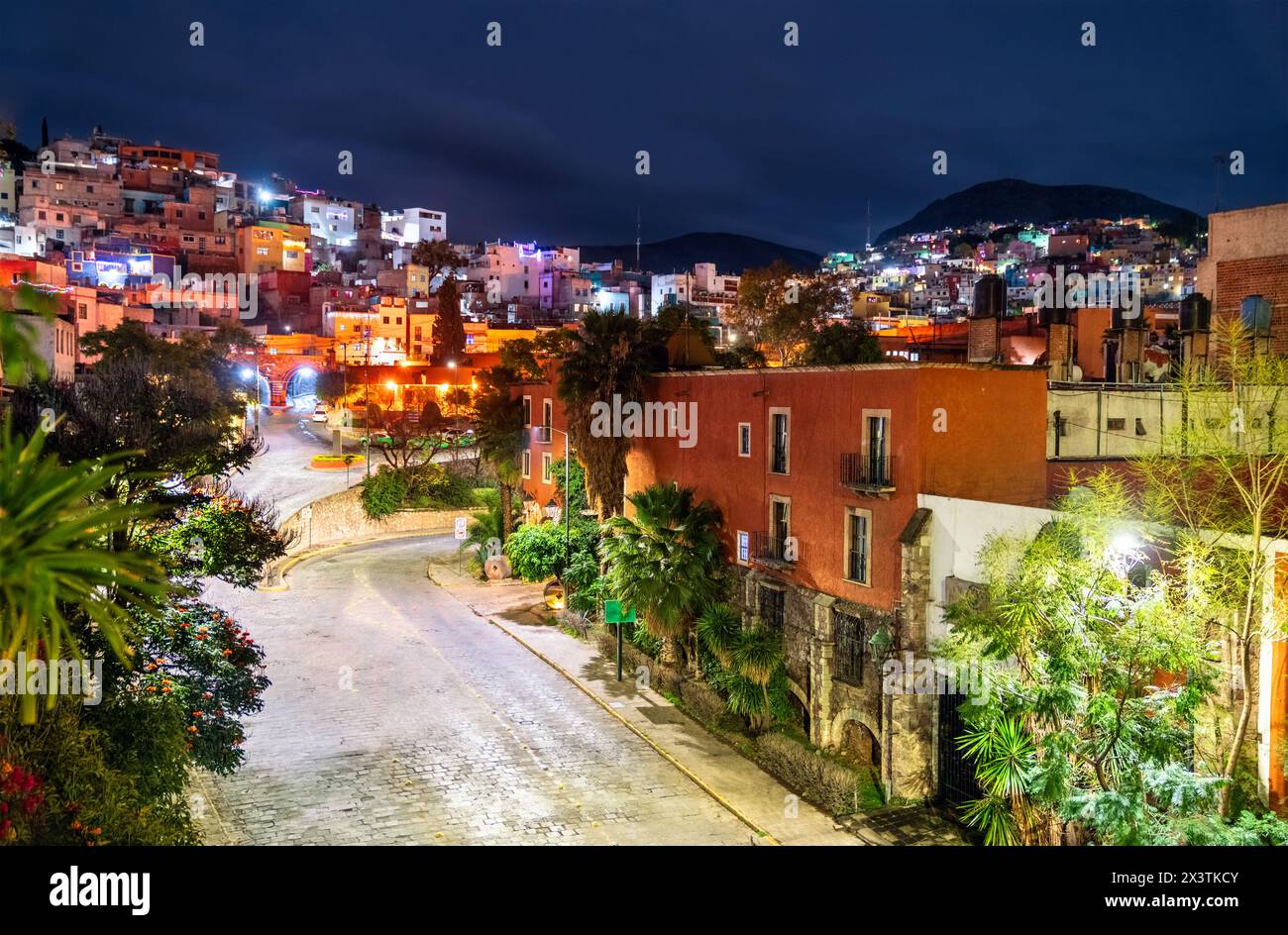 Night view of the old town of Guanajuato, UNESCO world heritage in Mexico Stock Photo