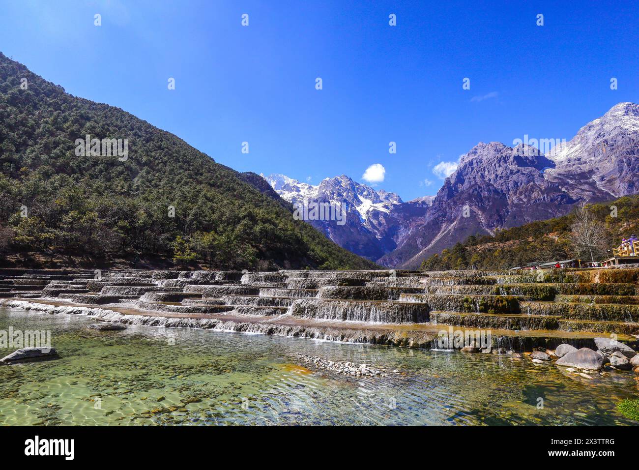 Stunning scenery of Blue Moon Valley in Lijiang, Yunnan, China, with the Jade Dragon Snow Mountain in the background Stock Photo
