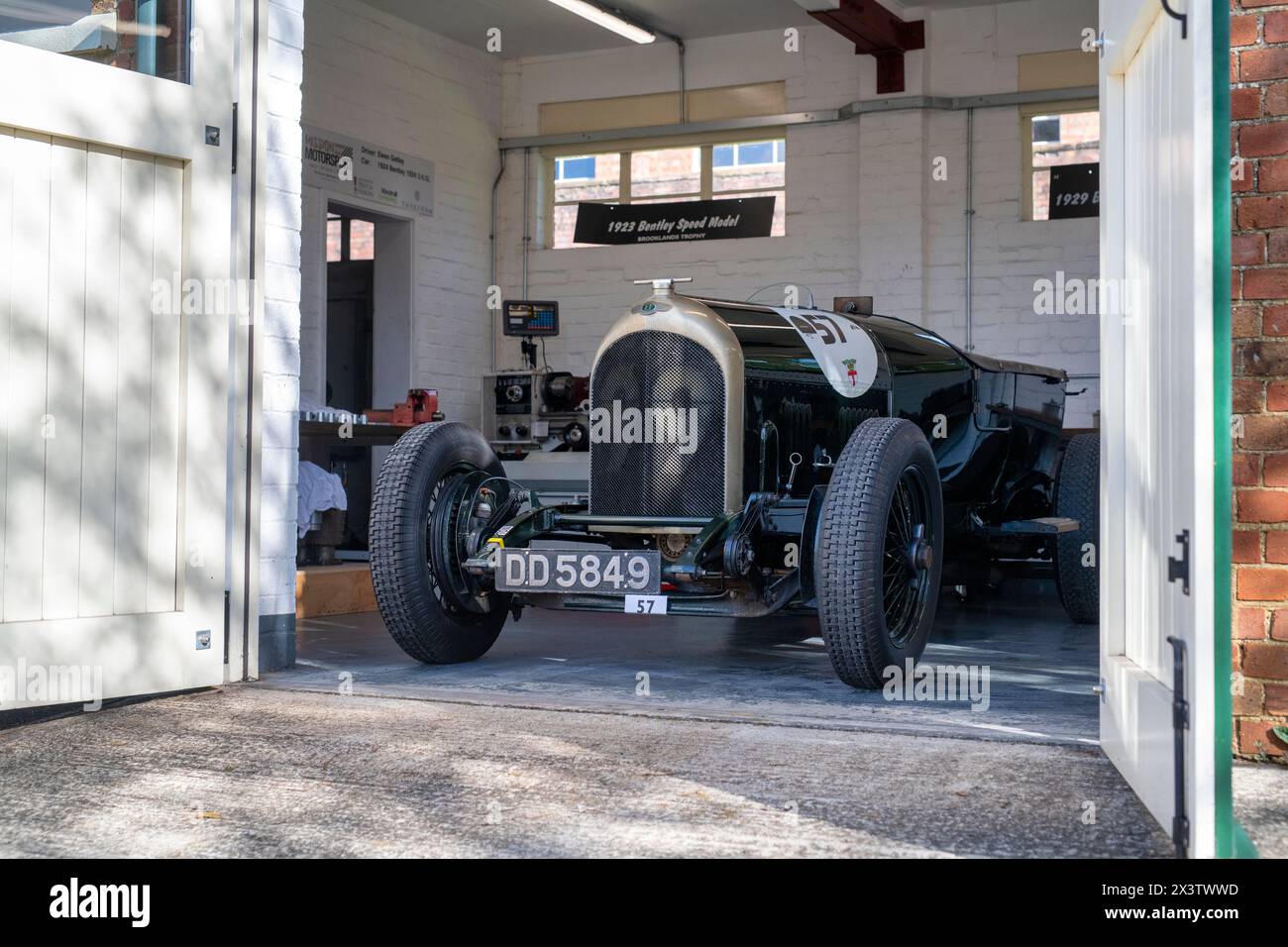 Vintage 1925 Bentley car in a garage at Bicester Heritage Centre. Sunday Scramble Event, Oxfordshire, England Stock Photo
