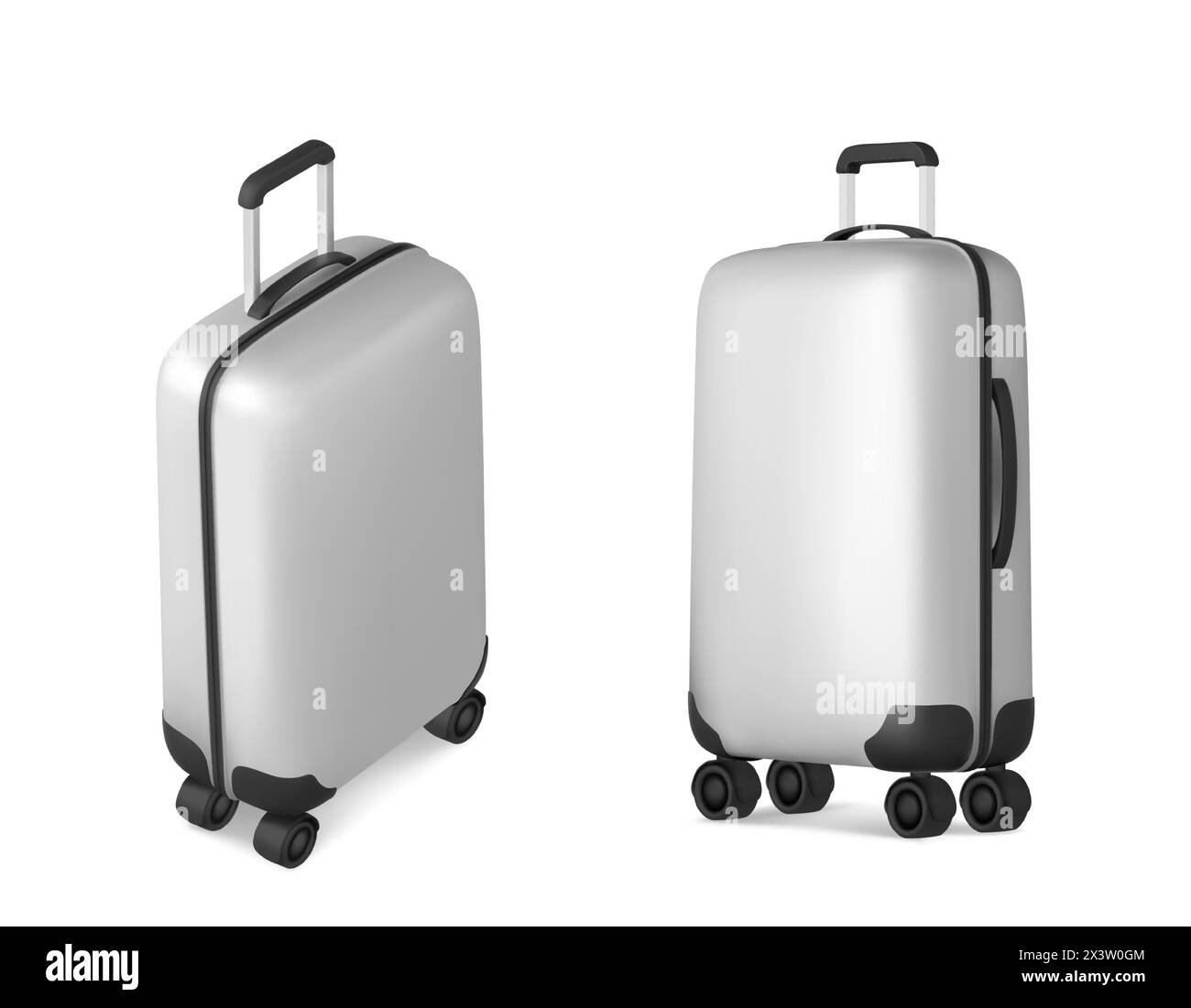 White suitcase with handle and wheels in different angles of view. Realistic 3d vector illustration set of travel luggage bag. Plastic baggage for trip and vacation concept. Voyage accessory template. Stock Vector