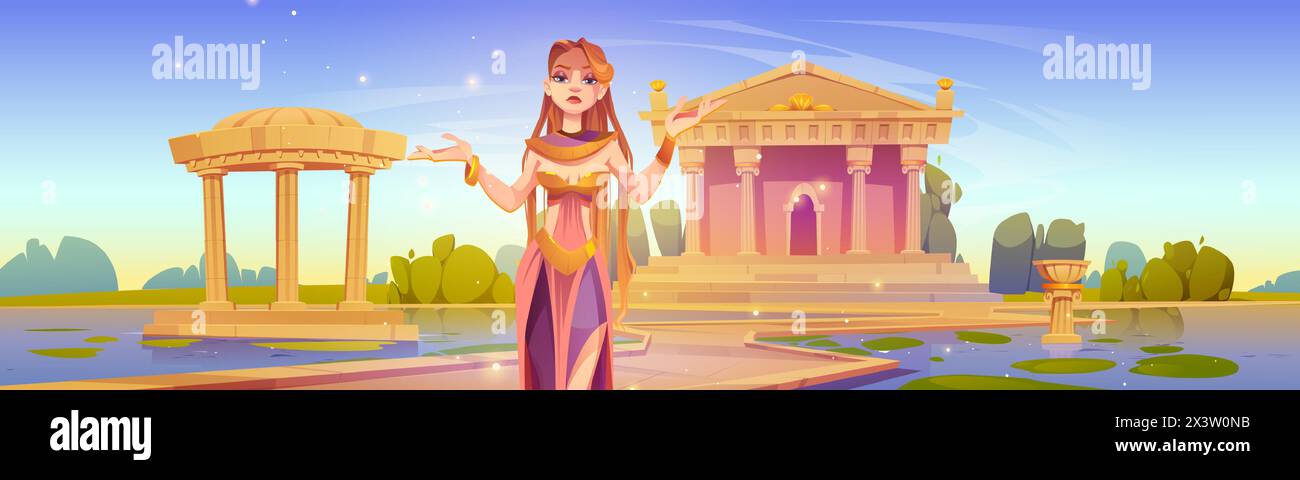 Ancient Greek temple with goddess vector background. Roman monument building and beautiful female god. Fantasy mythology parthenon landscape illustration. Road to mythical heaven archeology symbol Stock Vector