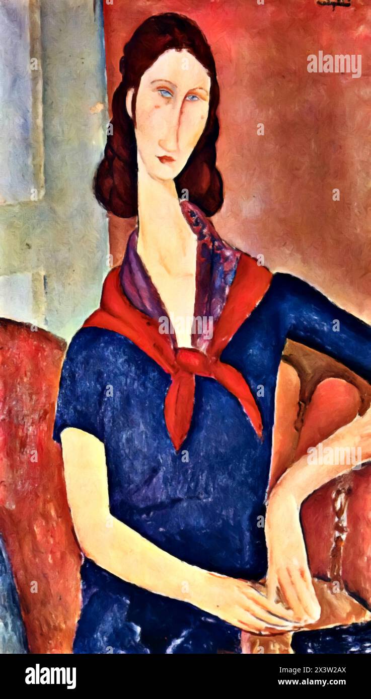 Jeanne Hebuterne With Scarf, 1919 (Painting) by Artist Modigliani, Amedeo (1884-1920) Italian. Stock Vector