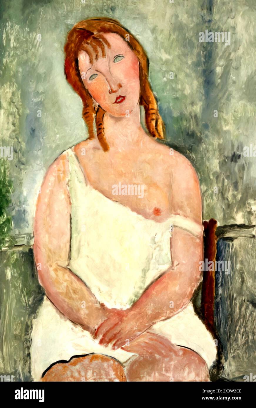 Young Girl Sitting in Shirt, 1918 (Painting) by Artist Modigliani, Amedeo (1884-1920) Italian. Stock Vector
