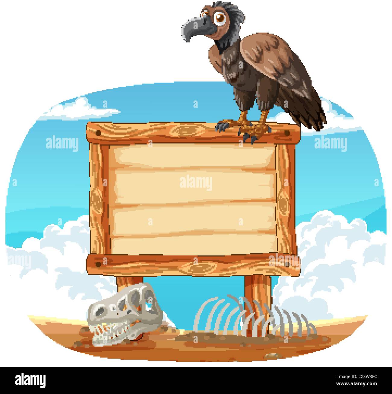 Vulture perched on sign with desert background. Stock Vector
