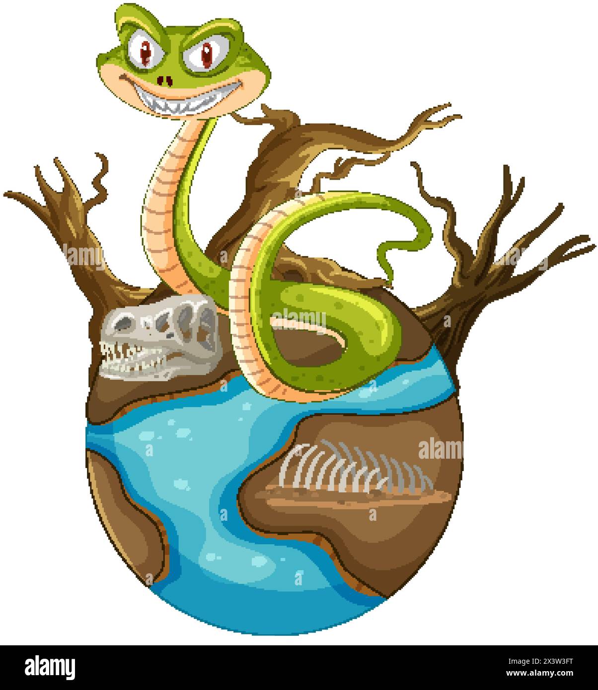 Cartoon snake wrapped around a tiny planet. Stock Vector