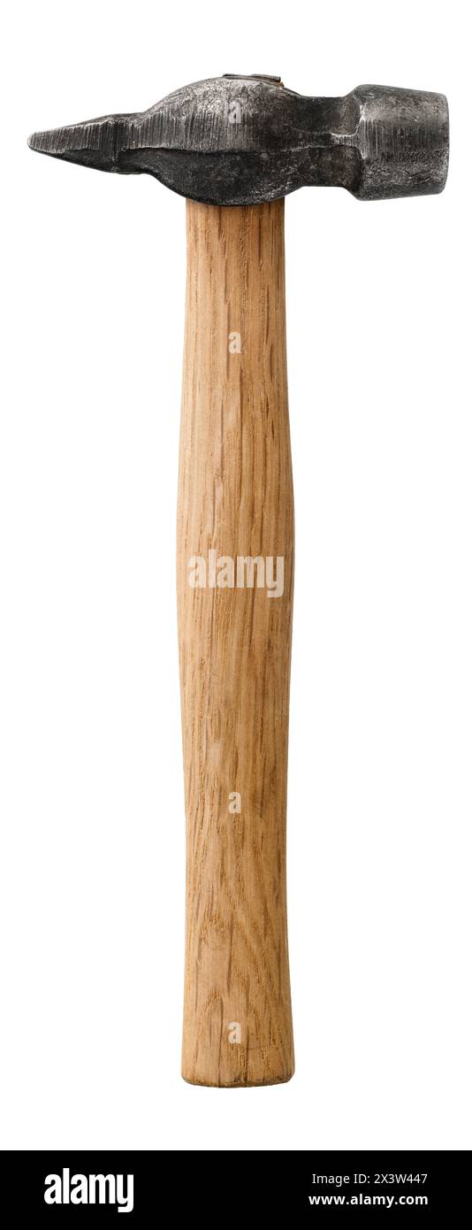Aged traditional hammer with wooden handle, woodwork or metalwork tool, isolated on white background Stock Photo