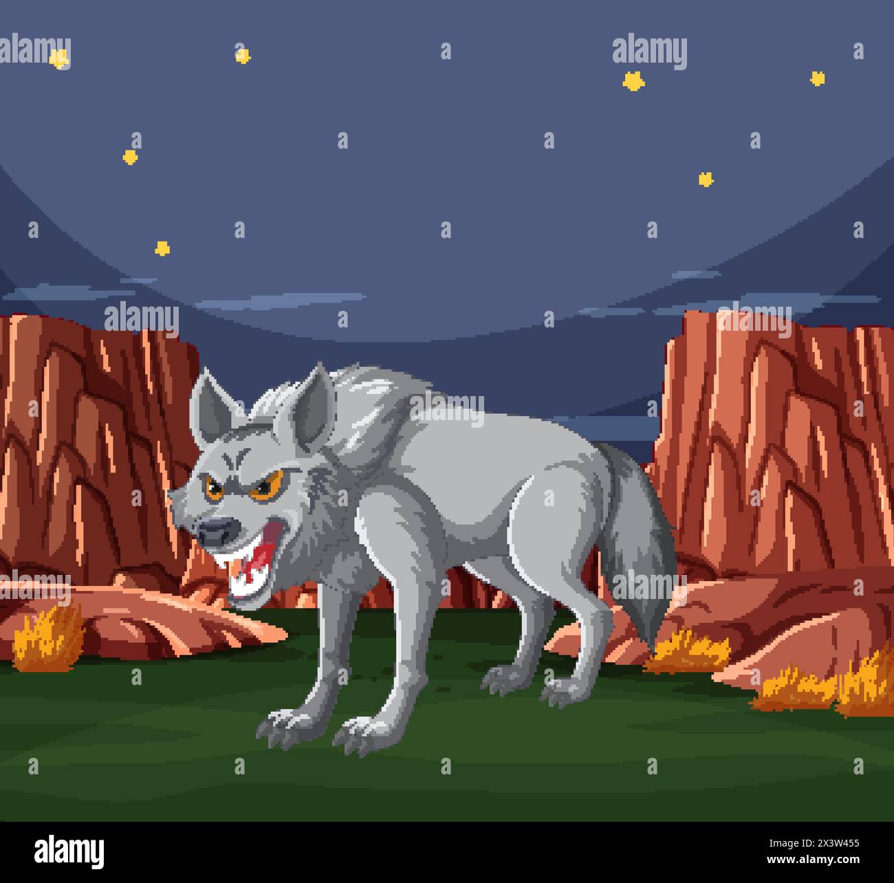An aggressive wolf stands among rocky terrain. Stock Vector