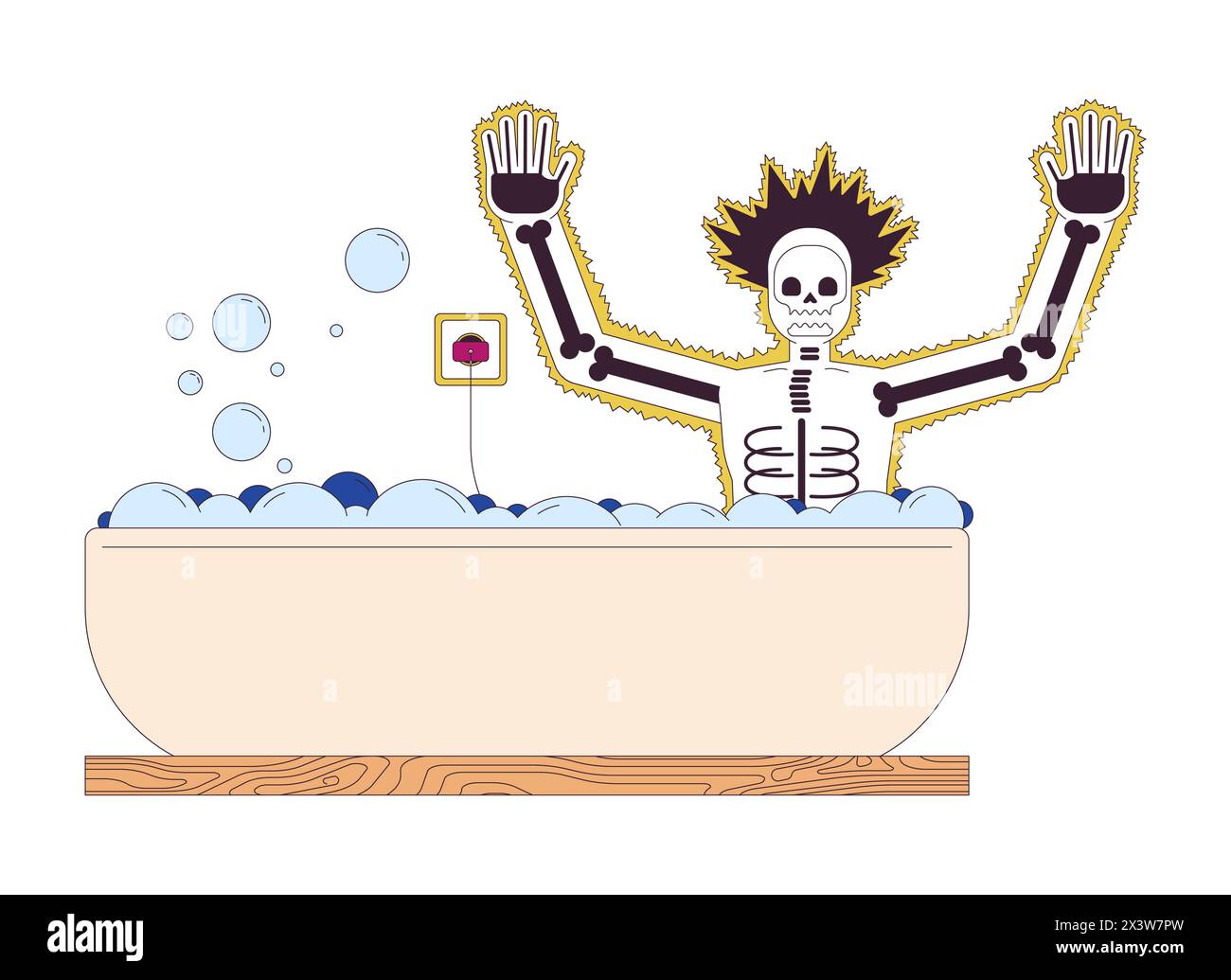 Victim of electrocution in bathroom 2D linear cartoon character Stock Vector