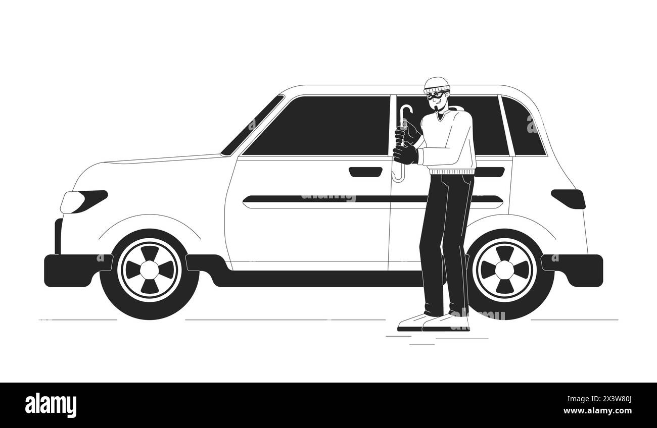 Thief breaking into car black and white cartoon flat illustration Stock Vector