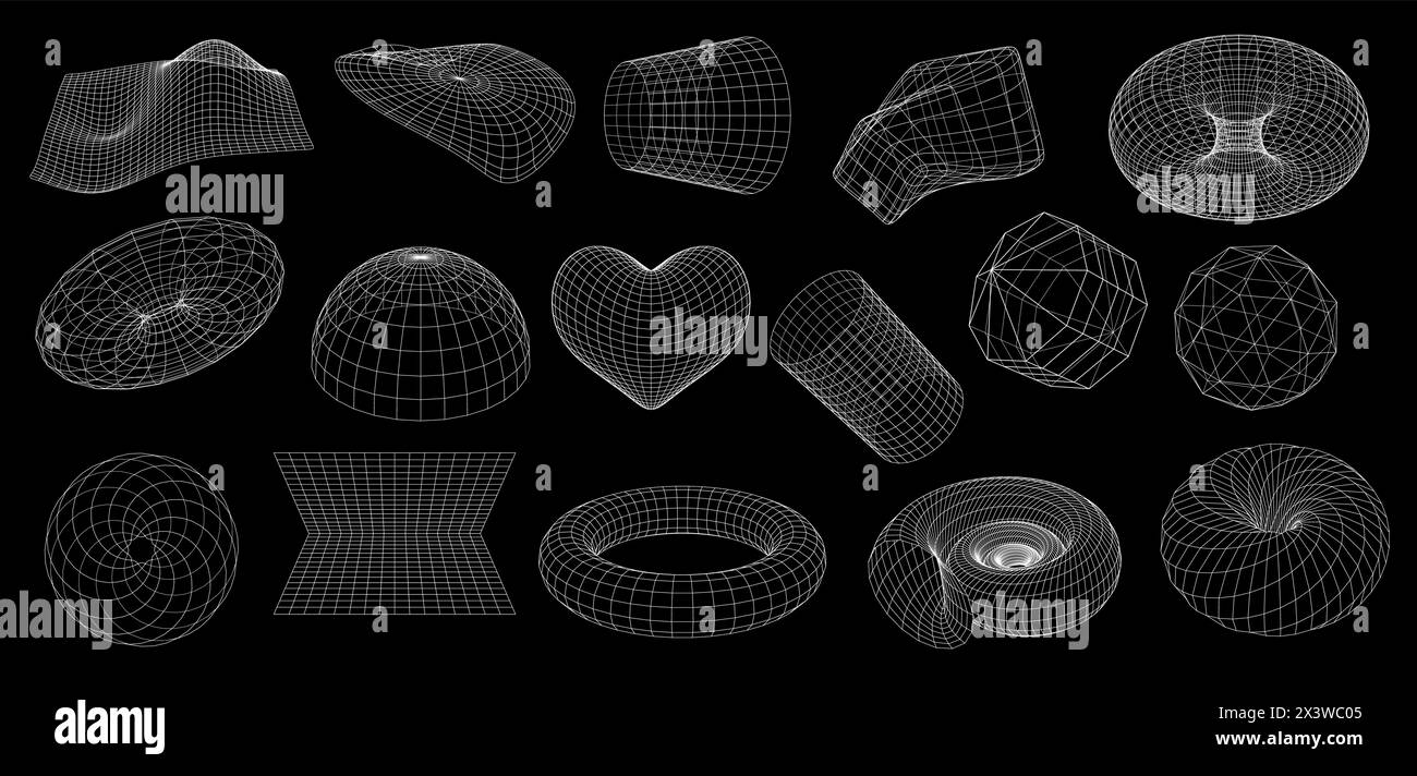 Wireframe shapes of 3D mesh grid in geometric abstract perspective, vector futuristic elements. 3D wireframe globe sphere, heart or spiral tunnel with Stock Vector