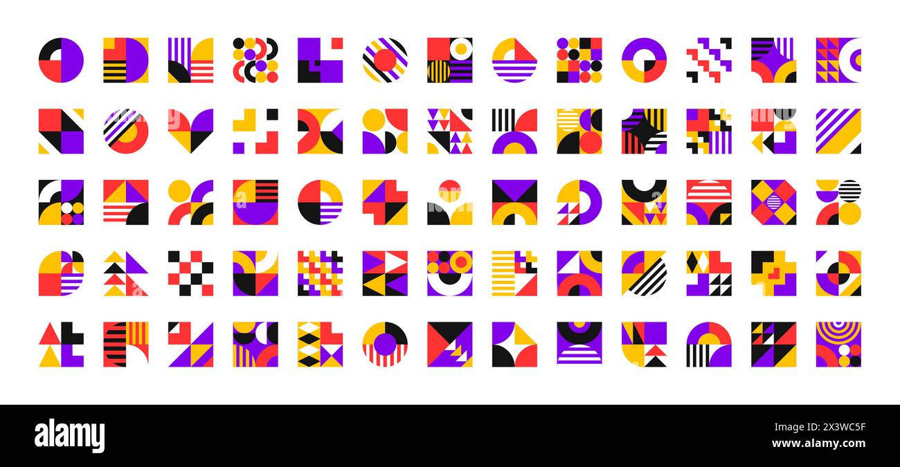 Abstract square geometric pattern. Vector vibrant ornaments with bold colors, squares, circles, triangle figures and clean lines. Striking mosaic bloc Stock Vector
