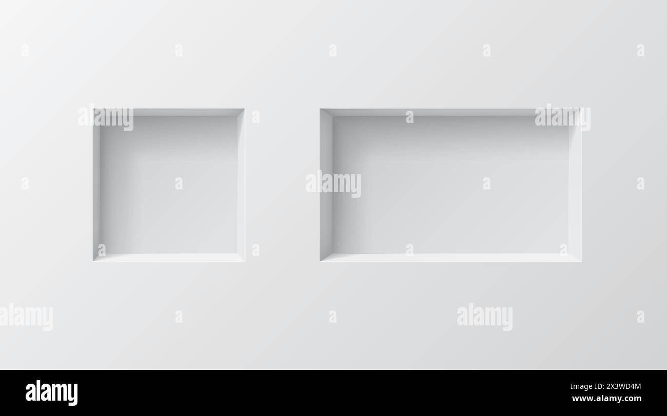 3d wall niches. Realistic vector two empty boxes or shelves on white colored background. Shop, gallery showcase mockup for product presentation. Blank Stock Vector
