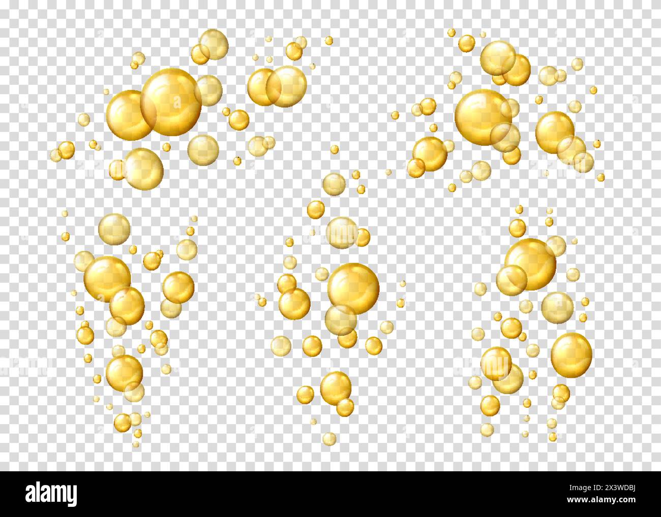 Liquid oil bubbles, yellow collagen serum. Isolated 3d vector realistic shiny drops, gold cosmetic pills or capsules. Oily vitamin essence droplets. O Stock Vector