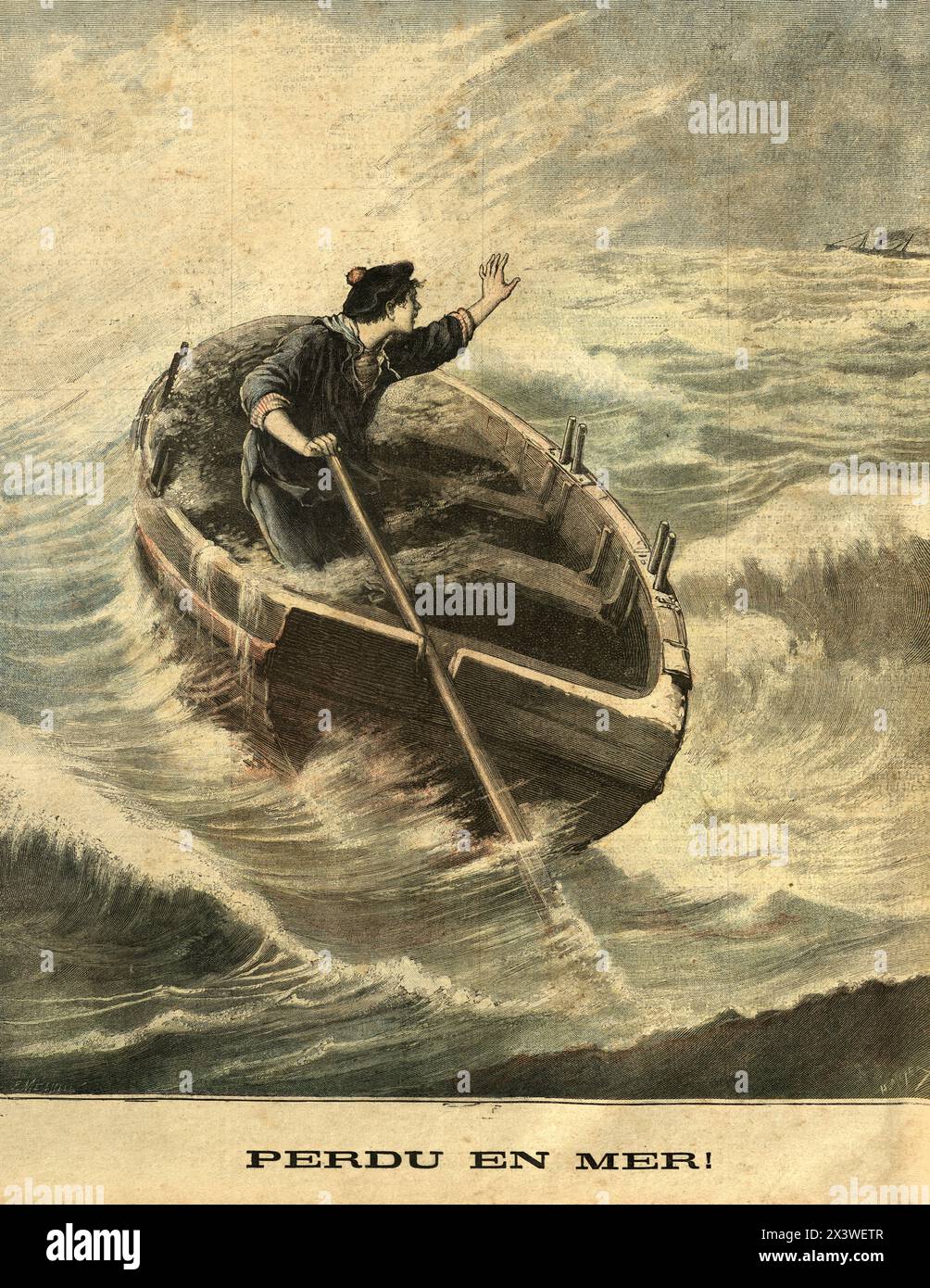 Maritime History, Lost at Sea, Sailor in lifeboat, waving at a passing steamship 1890s, 19th Century Stock Photo