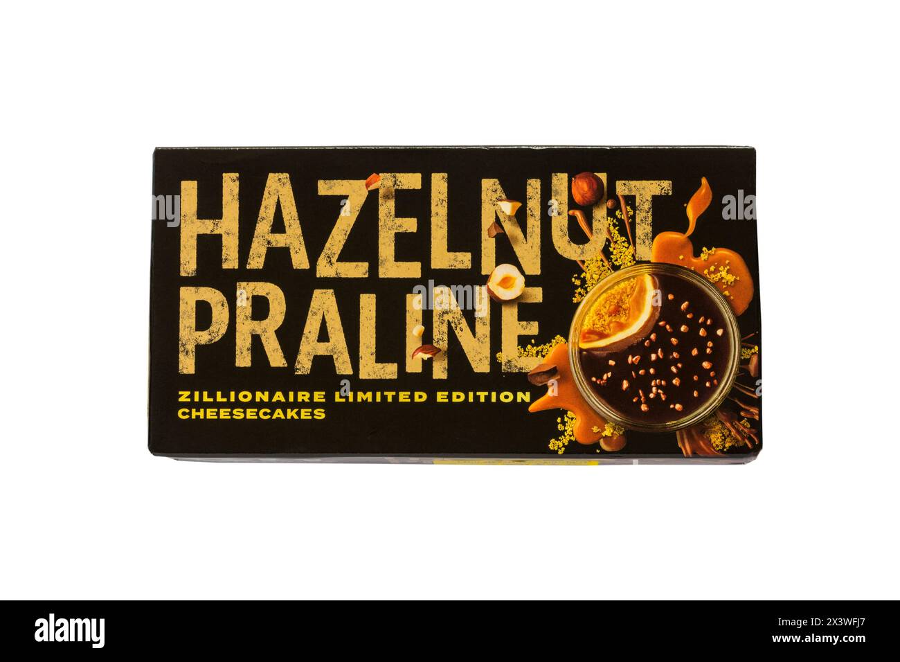 Box of Gü Hazelnut Praline zillionaire Limited Edition cheesecakes isolated on white background Stock Photo