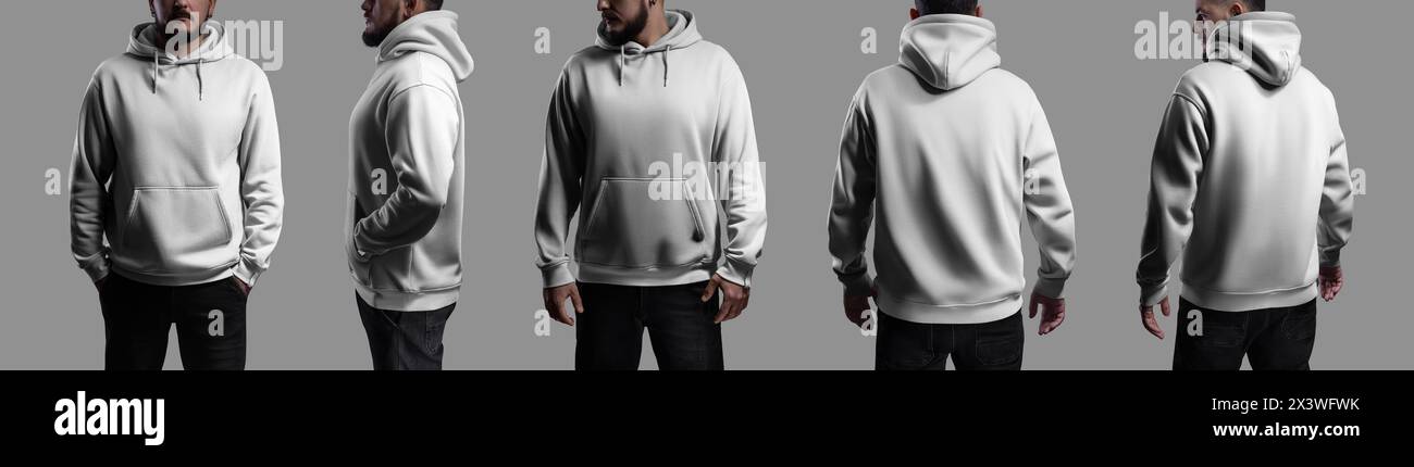 Template of a white oversized hoodie on a bearded guy, clothing for design, branding, front, side, back. Set of casual male apparel, isolated on a bac Stock Photo