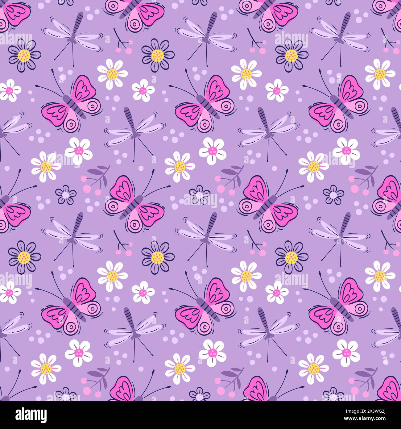 Vector seamless pattern of with butterflies and dragonflies. Stylized insects and flowers on a purple background Stock Vector