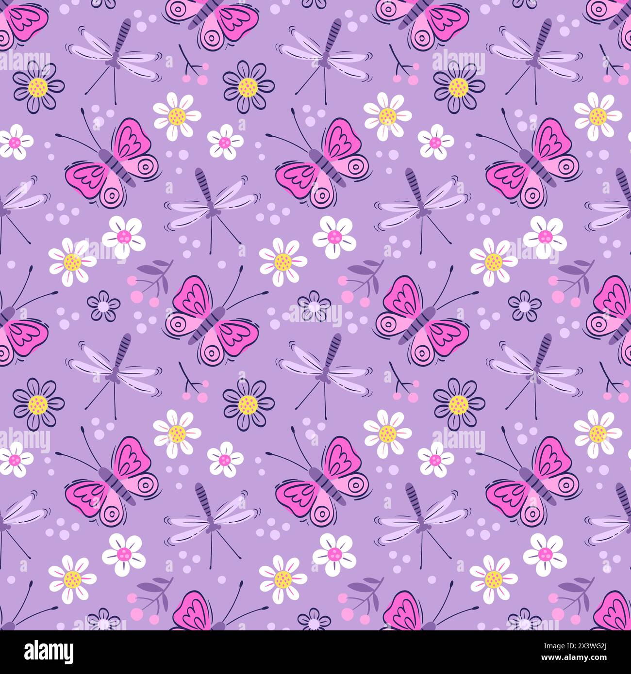 Vector seamless pattern of with butterflies and dragonflies. Stylized ...