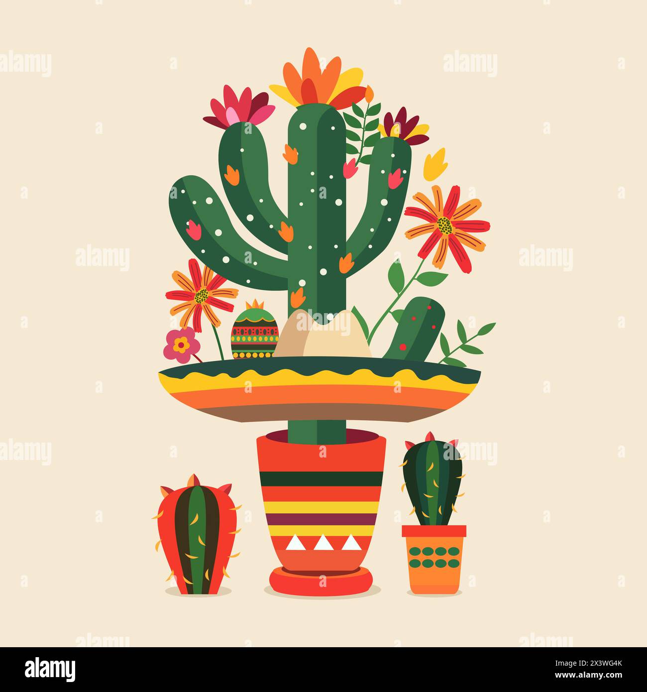 Cinco De Mayo Celebration in Mexico with Cactus Plant and Flower Floral Decoration Stock Vector