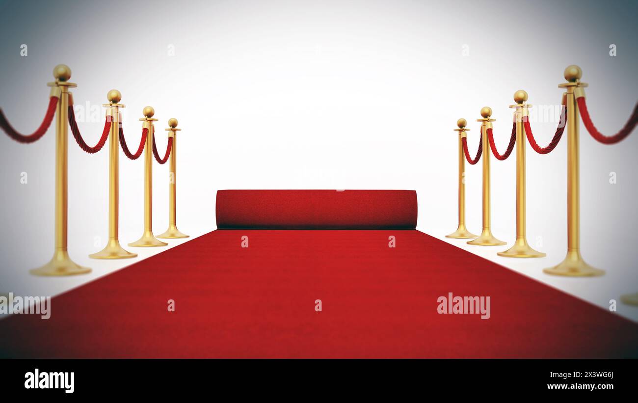 Red carpet and velvet ropes isolated on white background. 3D ...