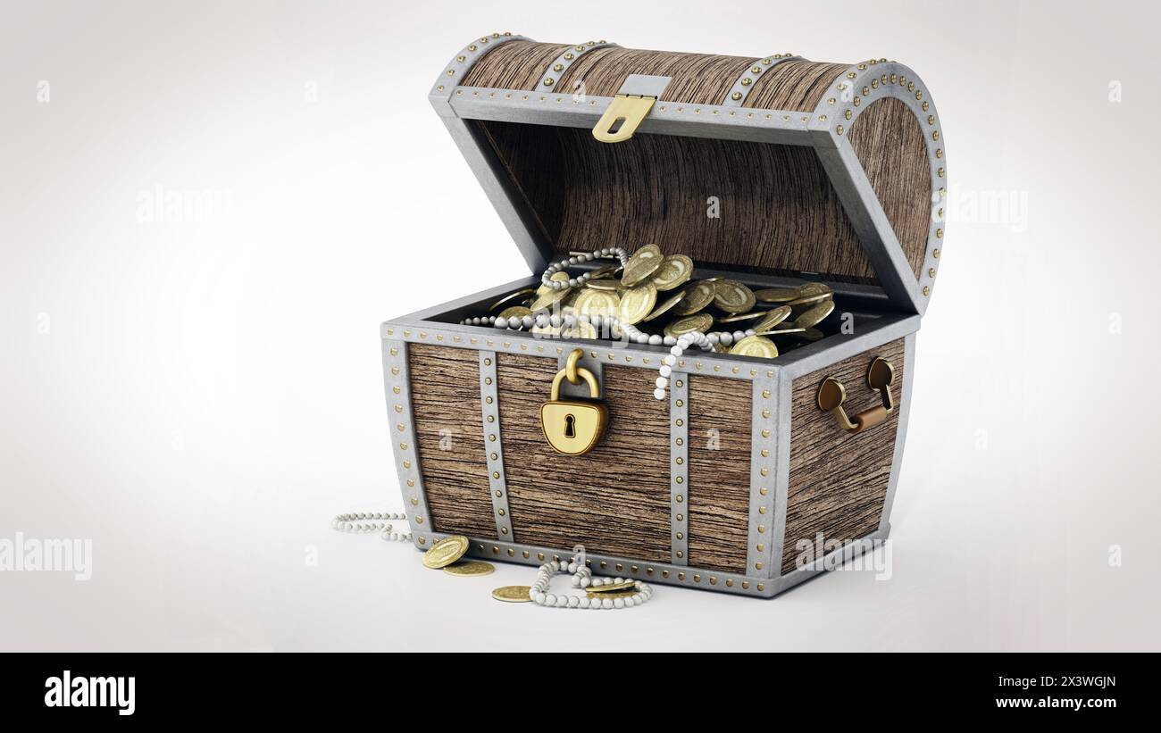 Treasure chest full of antique gold coins and jewels isolated on white ...