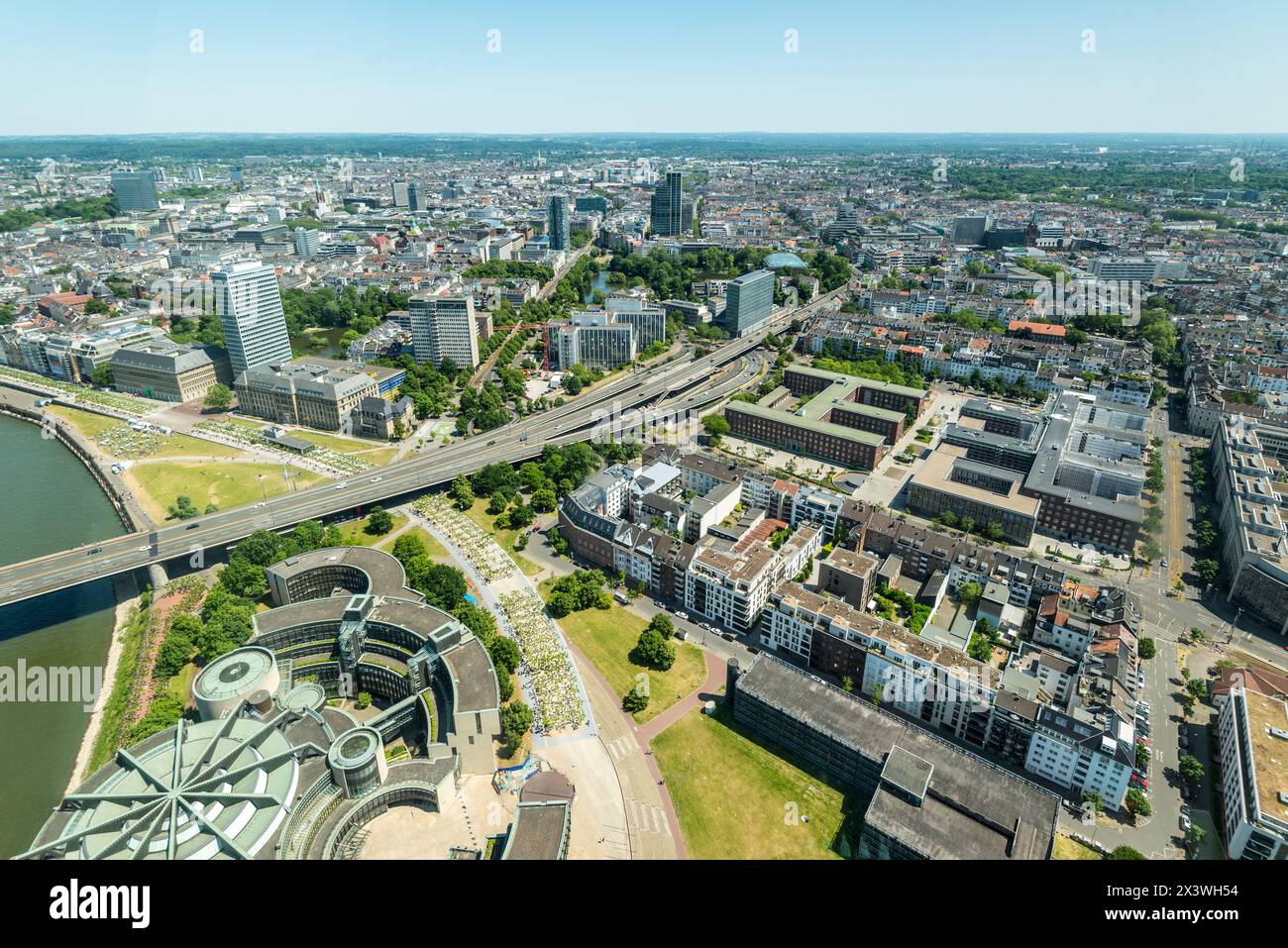 High top panoramic wide angle view of city buildings, highway and Parliament from Dusseldorf Rhine Tower in North Rhine-Westphalia, Germany Stock Photo