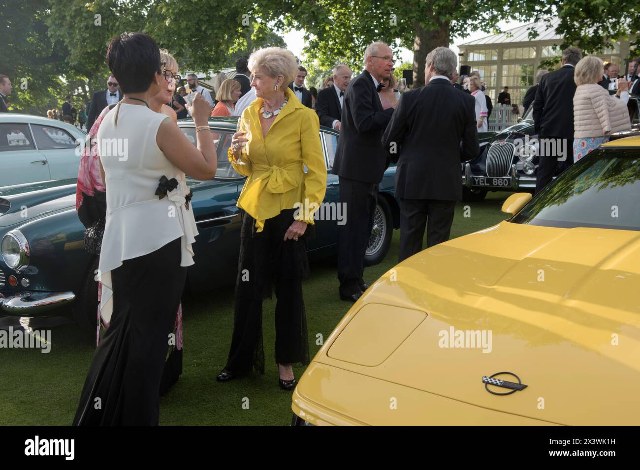 The Hurlingham Club which is an exclusive private social club in the Fulham area of London. The annual summer garden party - Fête Champête, and the showing off, of members classic cars in the Concourse d'Elégance; the cars are driven around the club grounds. Drinks amongst the classic cars. London, England 11th June 2022 UK 2020s HOMER SYKES Stock Photo