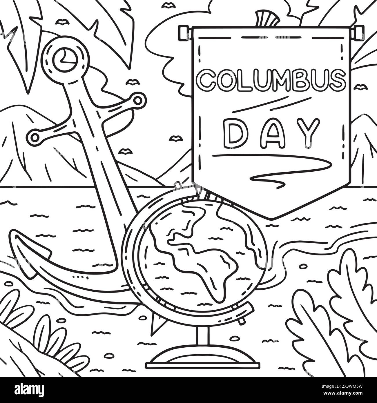 Columbus Day with Flag, Anchor and Globe Coloring  Stock Vector