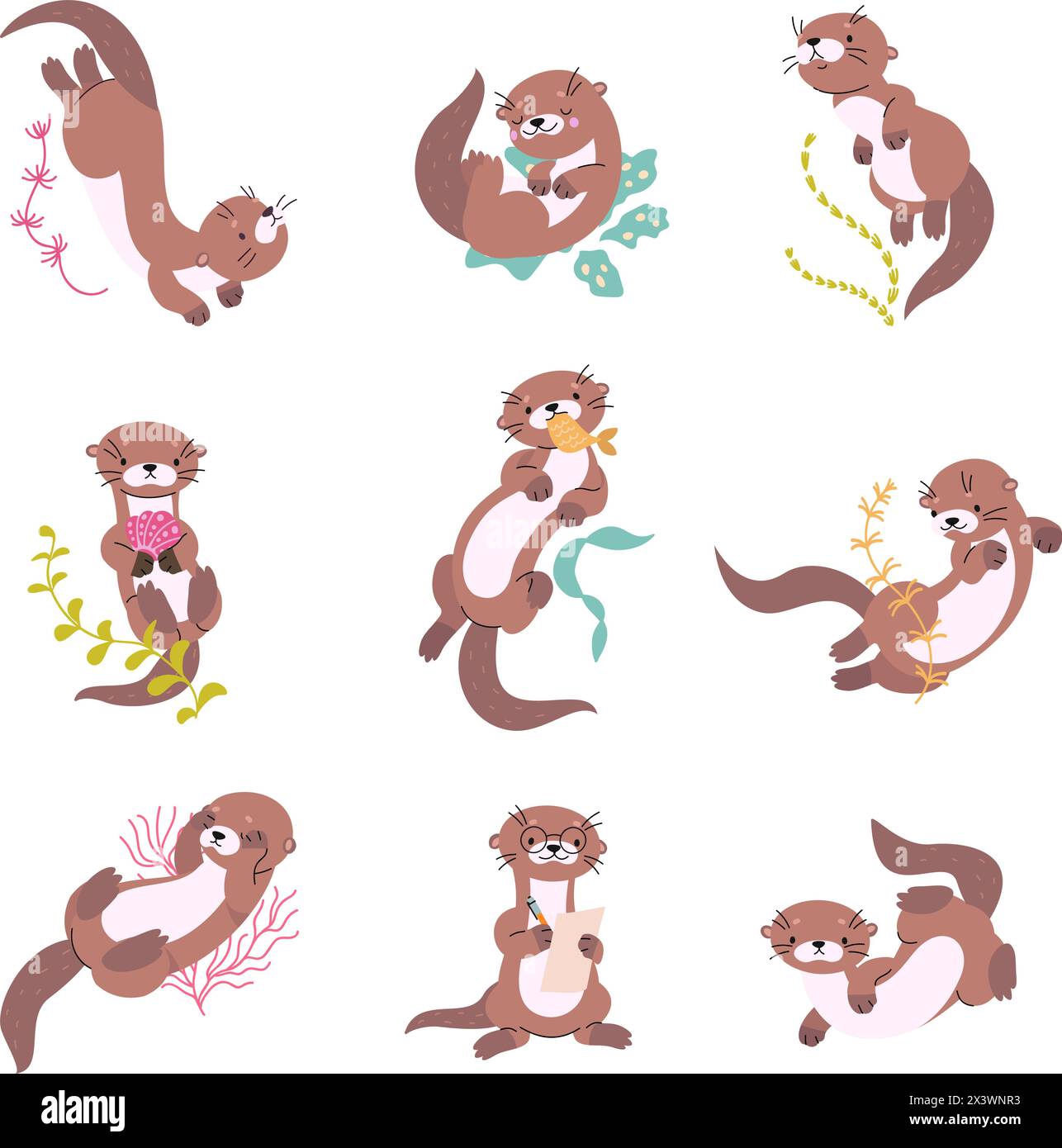Cartoon otter. Funny otters in different poses, eating, playing and swimming. Water animal, river or lake characters. Childish mascot nowaday vector Stock Vector