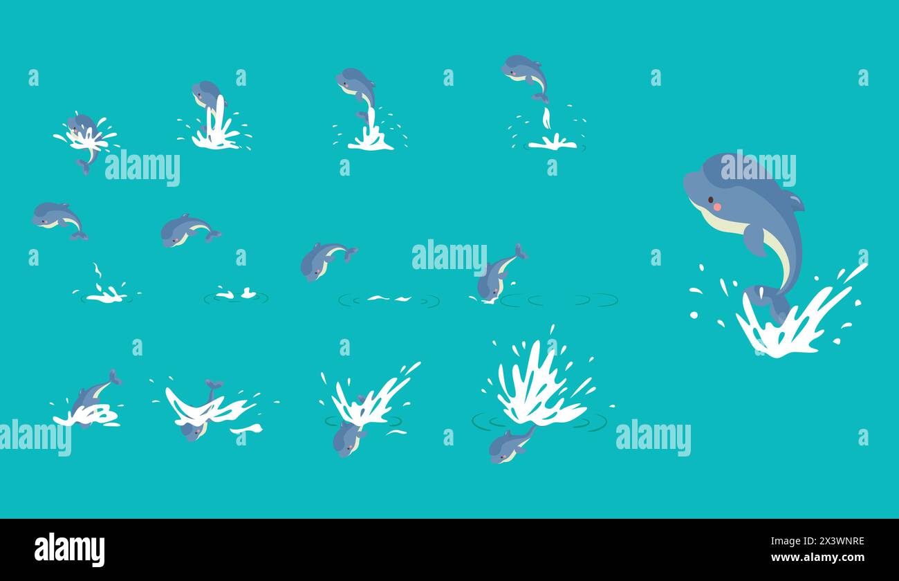 Dolphin jumping from water. Dolphins jump step by step, animation cartoon underwater animal. Aquarium dolphinarium entertainment, nowaday vector scene Stock Vector