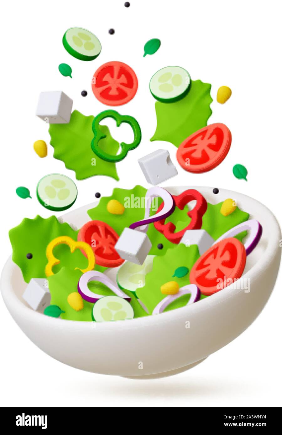 Fresh salad 3d concept. Isolated vegetable meal, vitamin diet nutrition with tomatoes, onion, cucumbers. Render realistic food elements, pithy vector Stock Vector