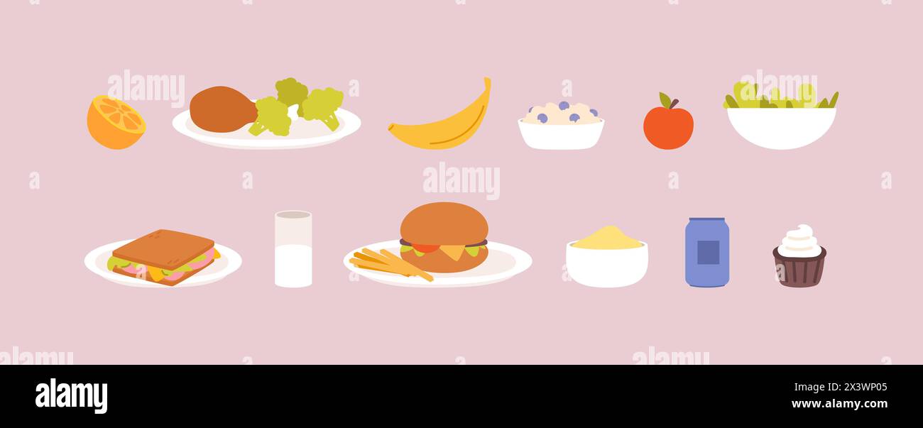 Tasty lunches variations. Kids canteen, drinks and fresh food. Fruits, vegetables and porridge. Sandwich and burger with potatoes, vector set Stock Vector