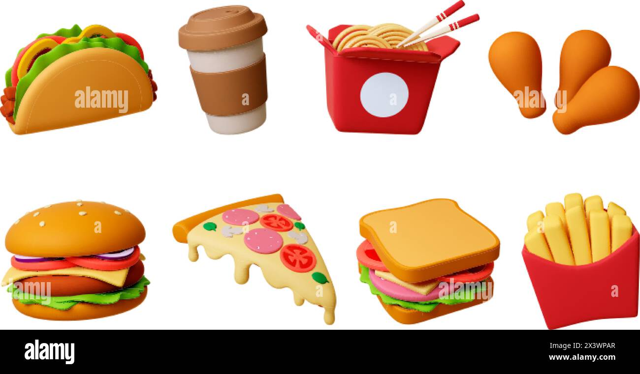 3d fast food. Isolated realistic pizza, burger, sandwich and wok box. Tasty wrap with meat and vegetables. Render cafe restaurant pithy vector Stock Vector