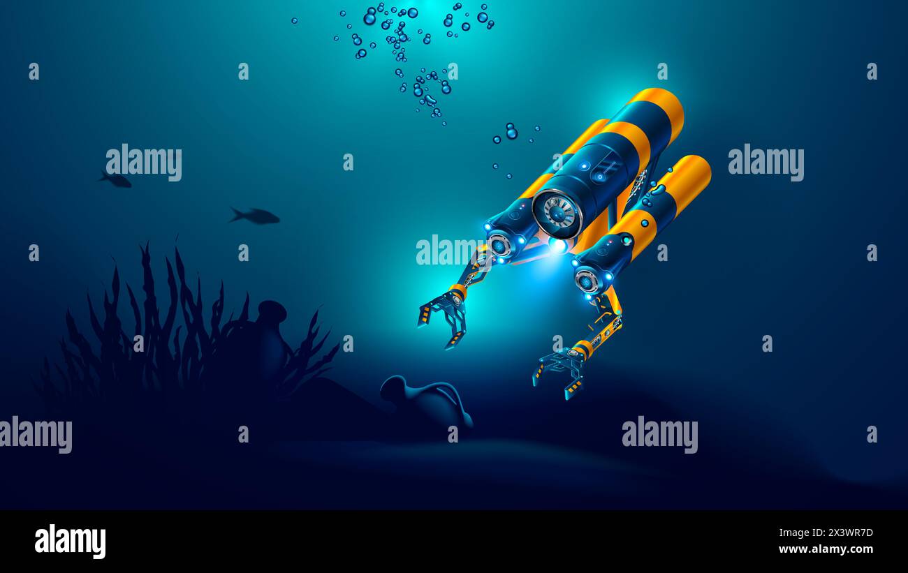 Robot underwater exploration seabed. Autonomous underwater drone with camera, robotic arms research ancient ruins, ancient amphora at bottom of ocean. Stock Vector