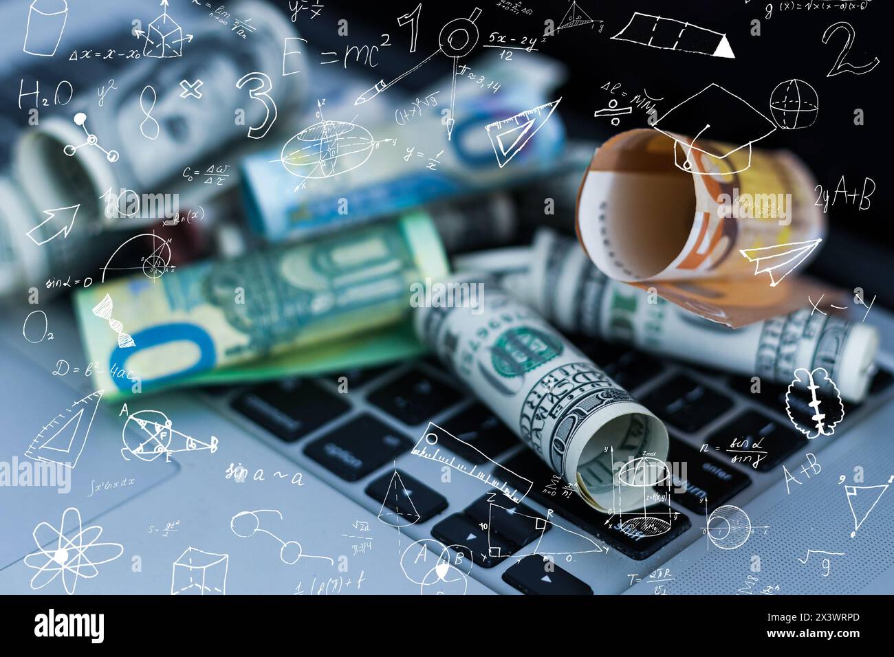 Abstract virtual chemistry illustration on money background, science and research concept. Multiexposure Stock Photo