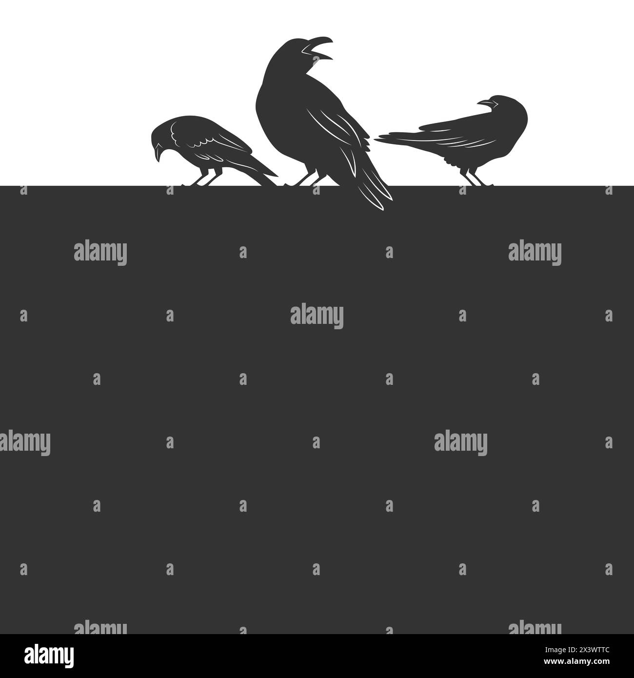 Crow silhouette concept background with sitting black birds crows Stock