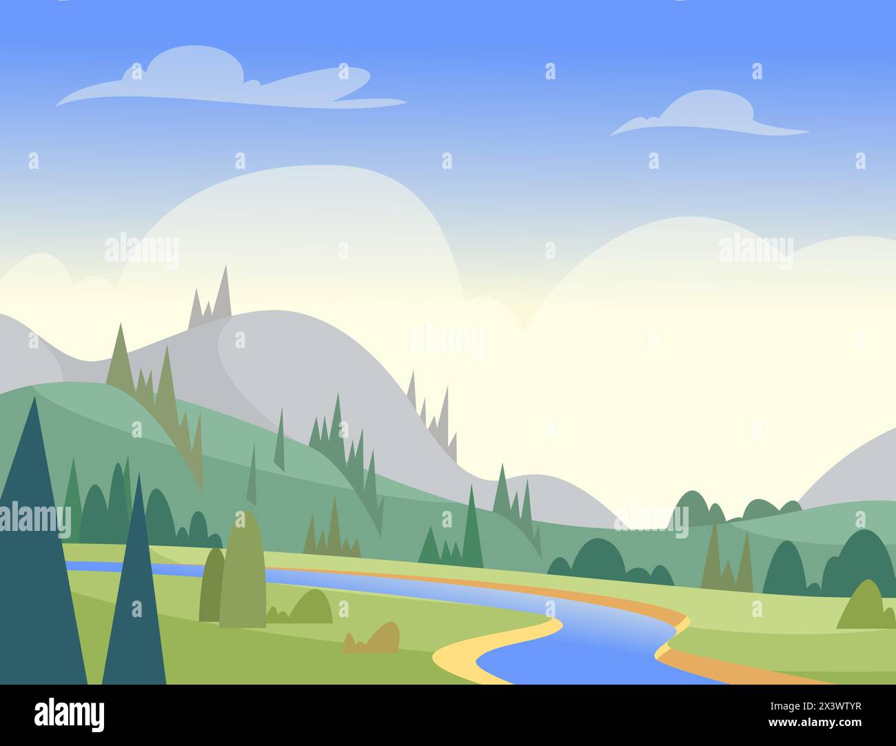 Nature landscape outdoor background with flowing river Stock Vector ...