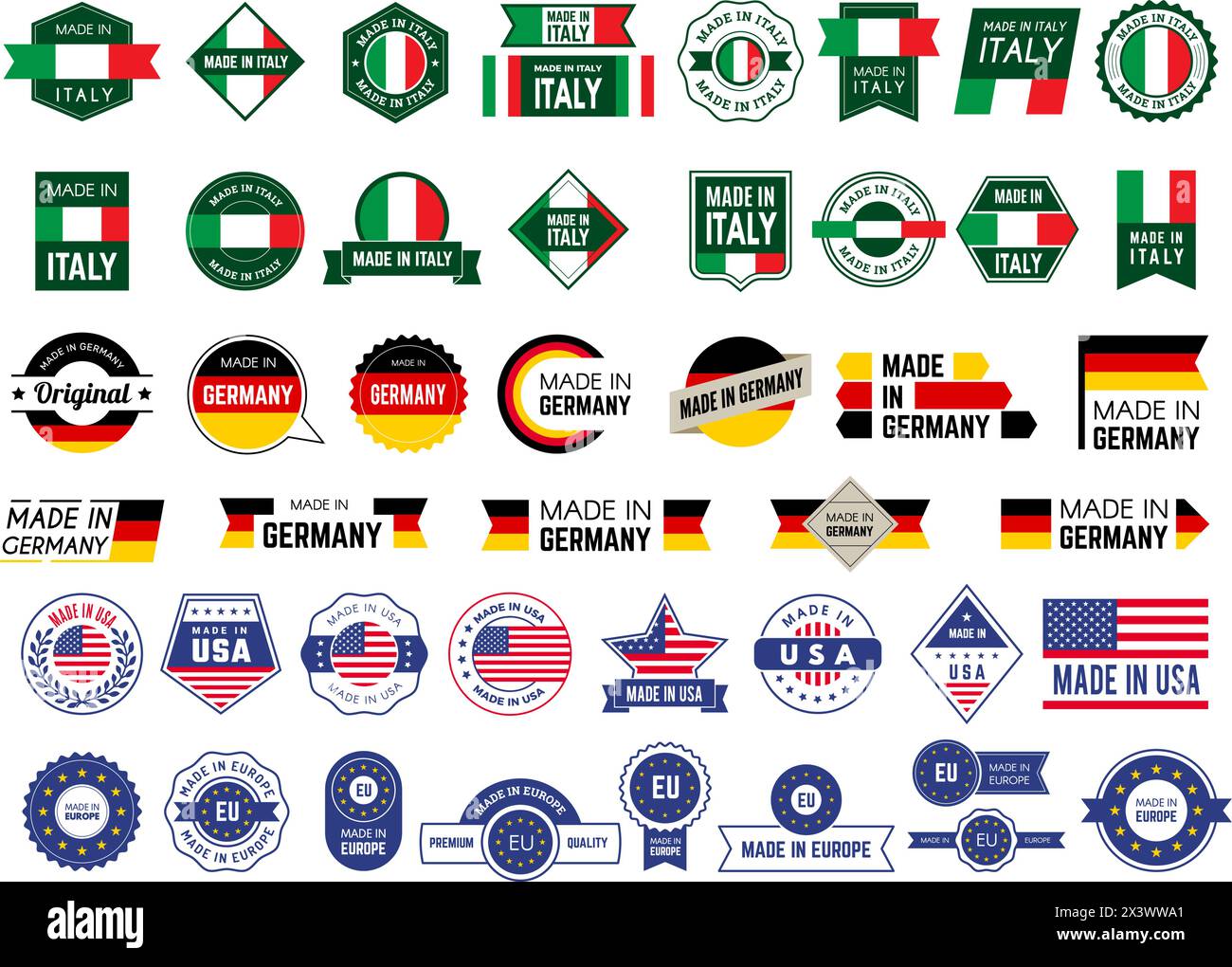 Made in badges. Country quality stickers or emblems made in europe usa italy germany recent vector templates set with place for text Stock Vector