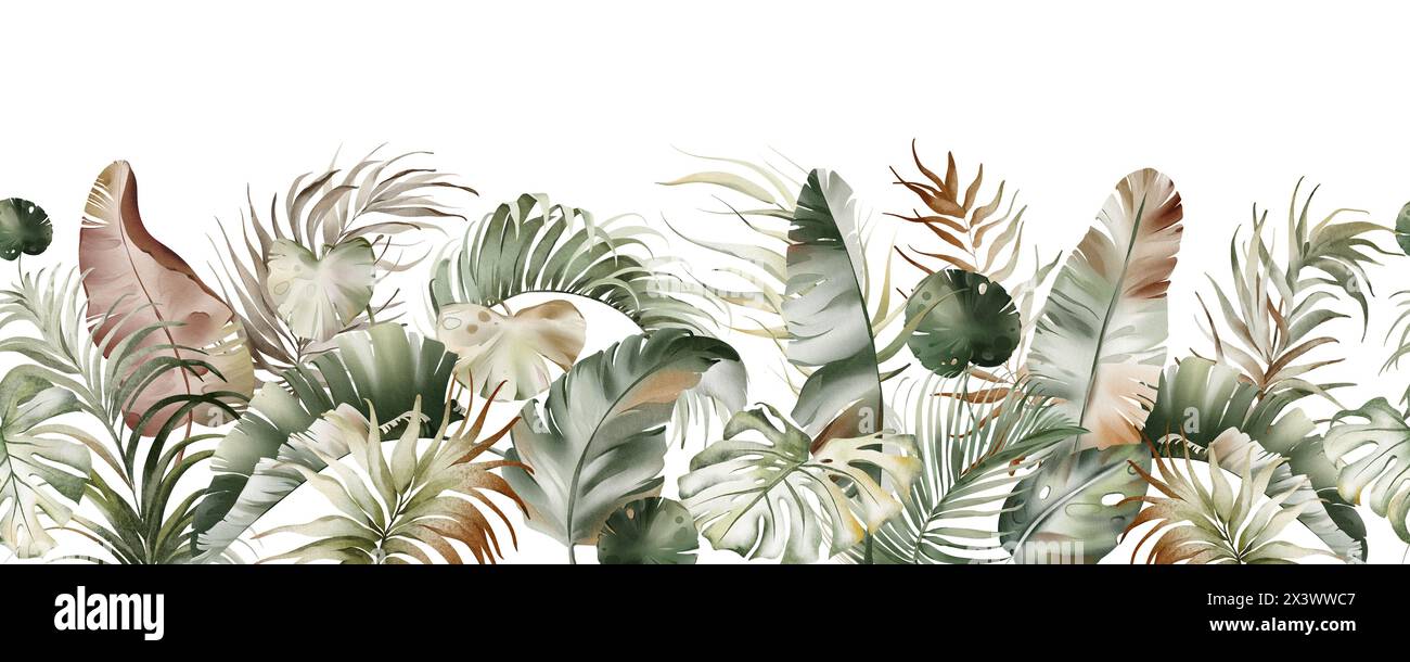 Watercolor floral border of tropical flowers and leaves Stock Photo - Alamy