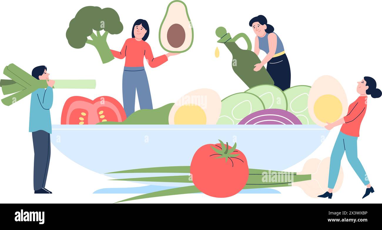 Vitamins salad cook. Family vegetarian nutrition, fresh diet dinner or lunch. Greens, tomatoes, onion and olive oil. Recent vector flat scene Stock Vector