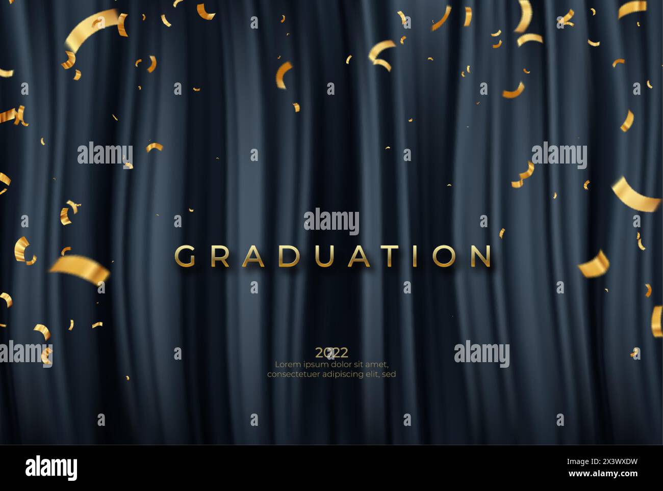 Congratulations Graduate template with golden ribbons and confetty on black drapery background. Awarding nomination scene. Vector illustrator Stock Vector