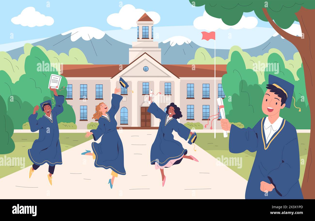 Campus park graduation. Happy graduates students in gown throwing hat, university graduate diploma certificate higher academic degree at college building vector illustration of university campus park Stock Vector
