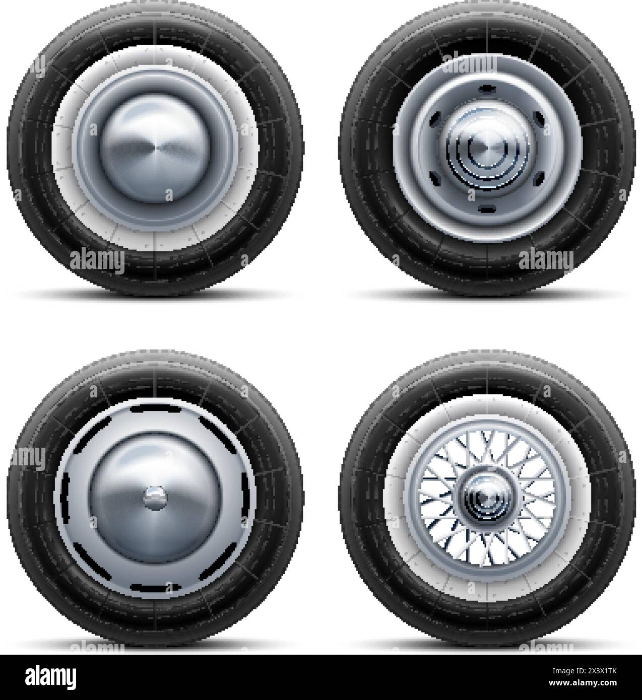 Realistic retro tires. Vintage car wheel with chrome hubcap, old spare wheels tire with disk rim hub of bus or van transport, champion race 3d auto nowaday vector illustration of retro wheel tire icon Stock Vector