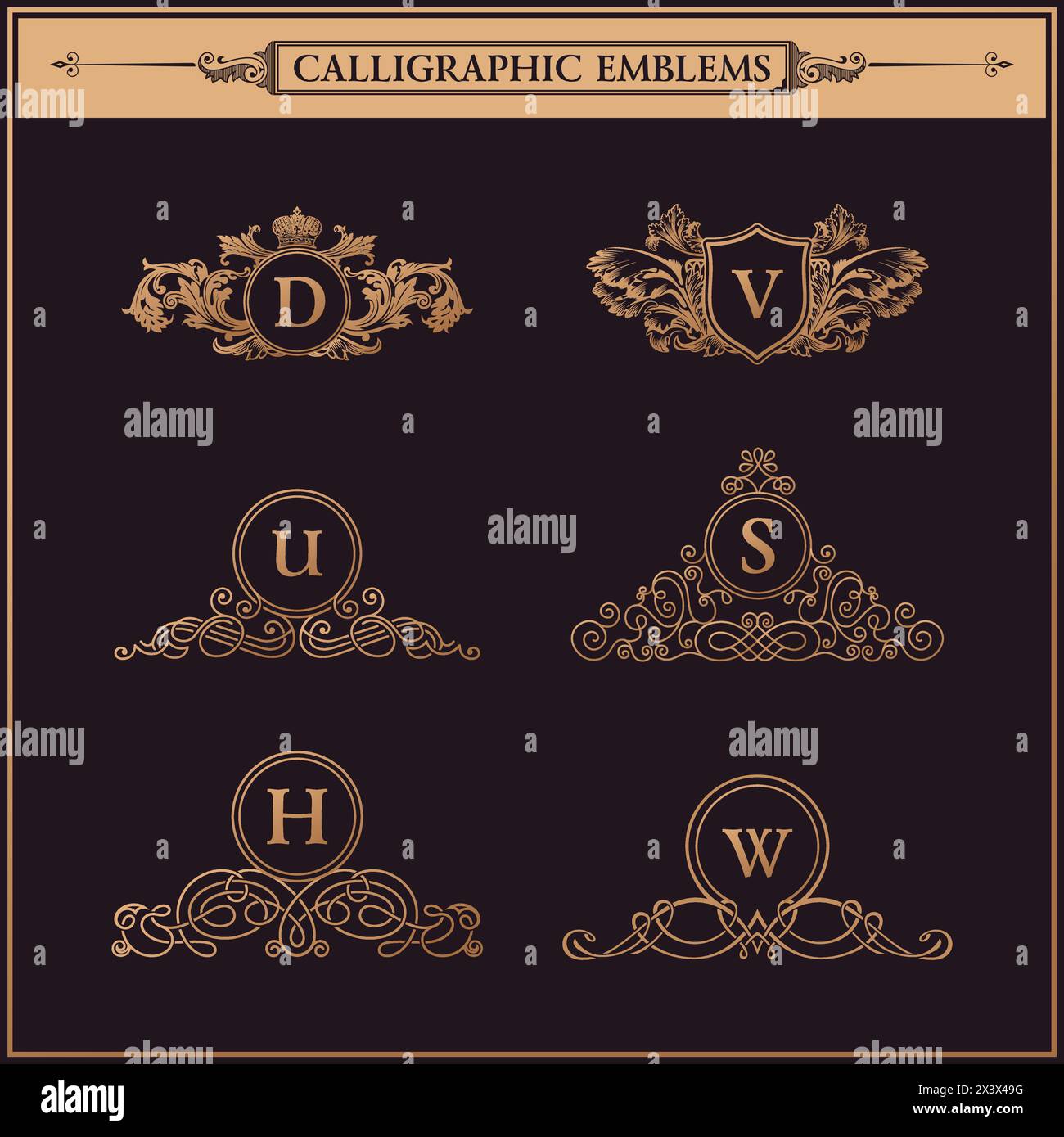 Luxury logos monogram. Vintage royal flourishes elements. Calligraphic symbol ornament. Letters in frame D, V, U, S, H, W. Design luxury logos set. Ve Stock Vector