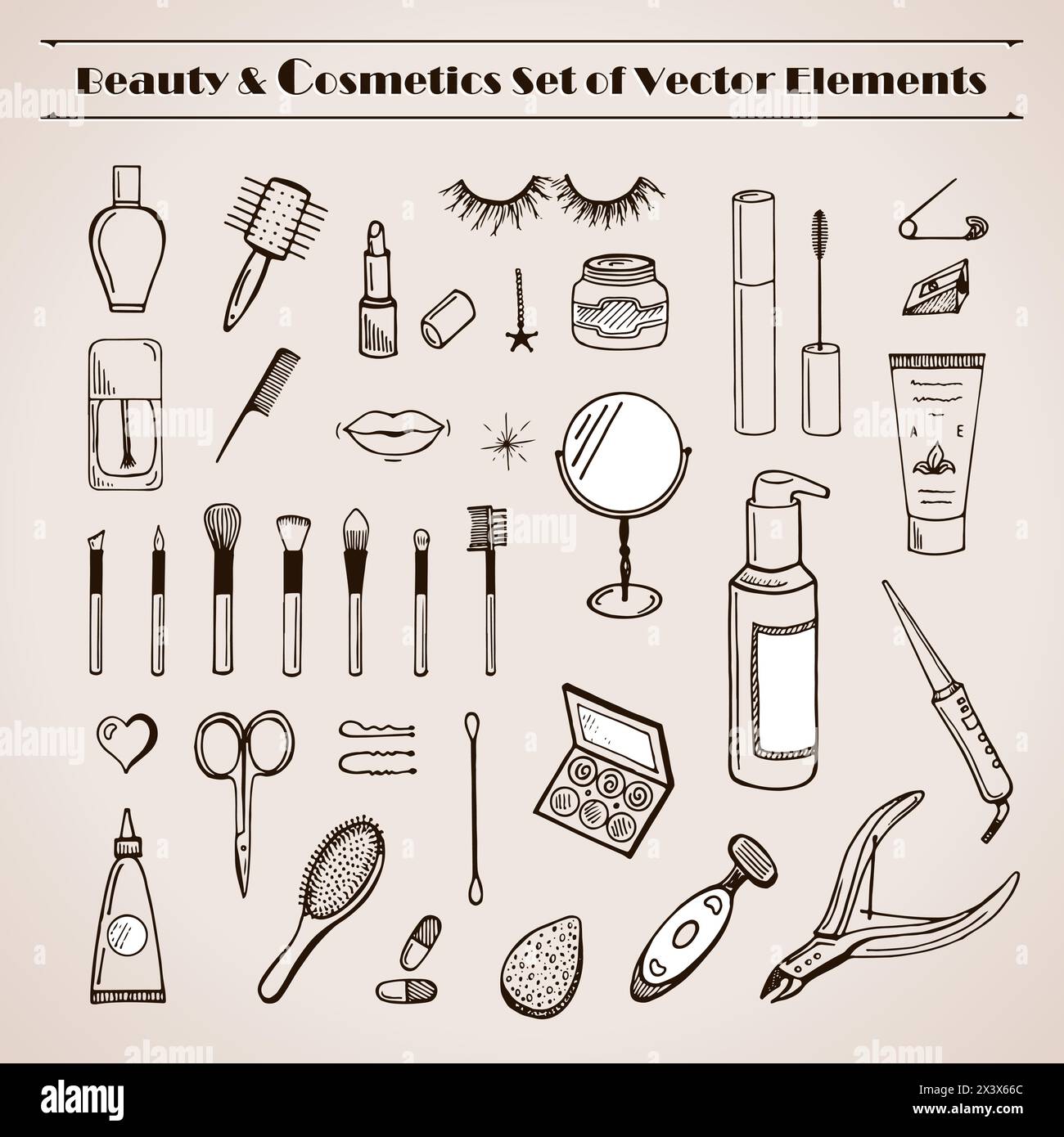 Beauty and cosmetics vector doodles icons. Glamorous hand drawn set. Make up articles shampoo, cream, lipstick, mascara, nail-polish, perfume, lotion, Stock Vector