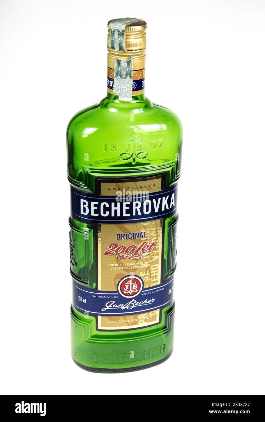 Becherovka herbal bitters drink 200th anniversary edition, Carlsbad, Czech Republic Stock Photo