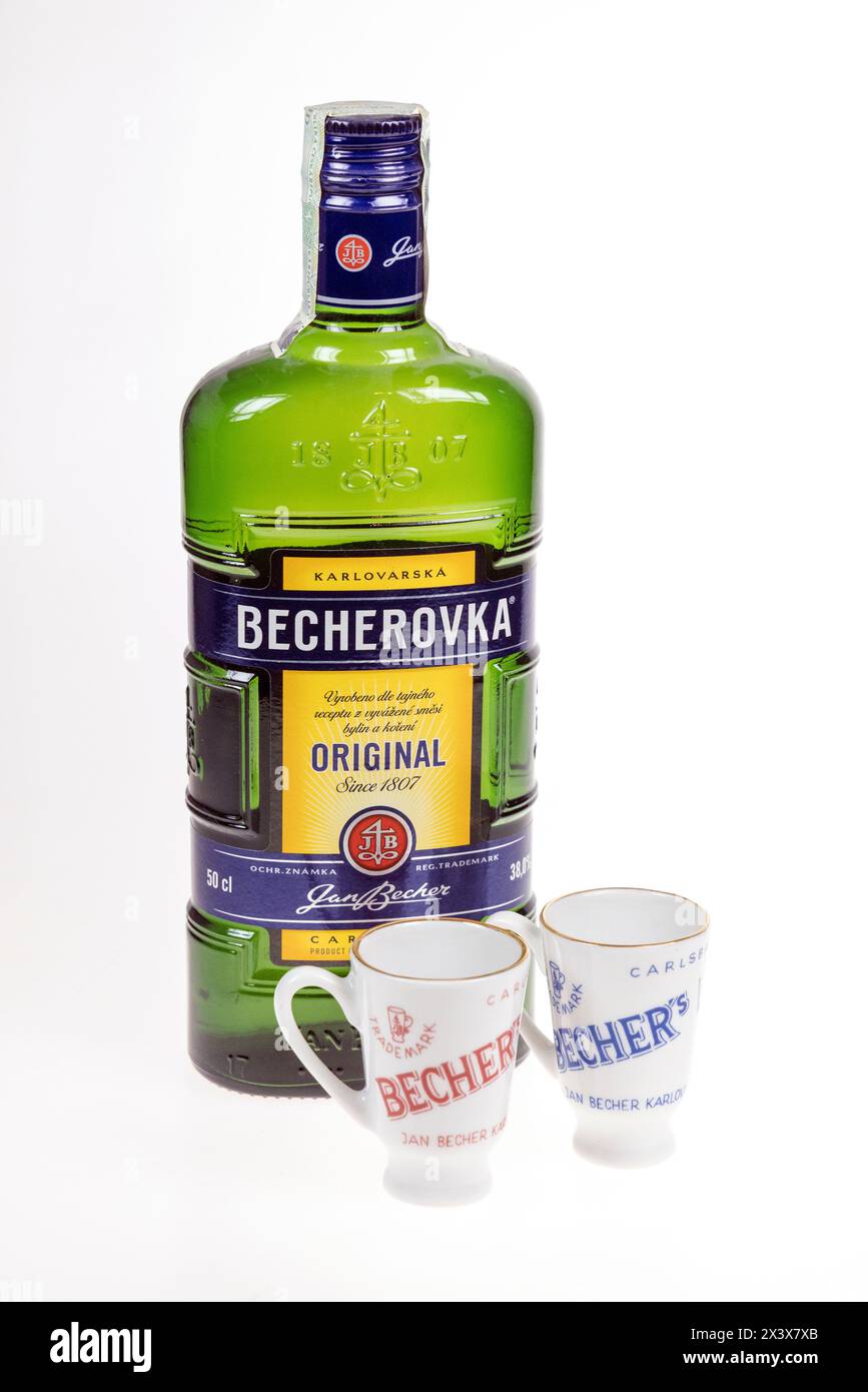 Becherovka herbal bitters drink with porcelein cups, Carlsbad, Czech Republic Stock Photo